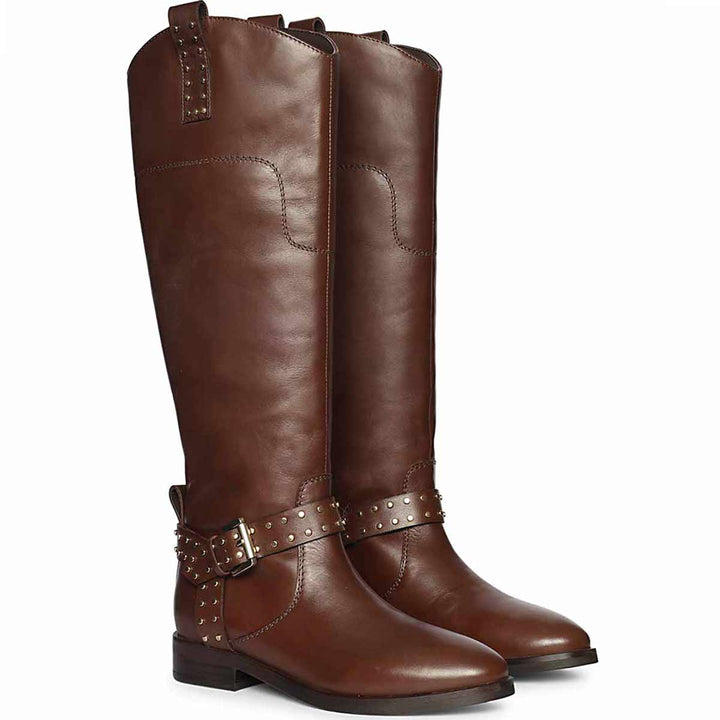 Saint Soraya brown leather long boots for women UK, pair view showing studded buckle strap