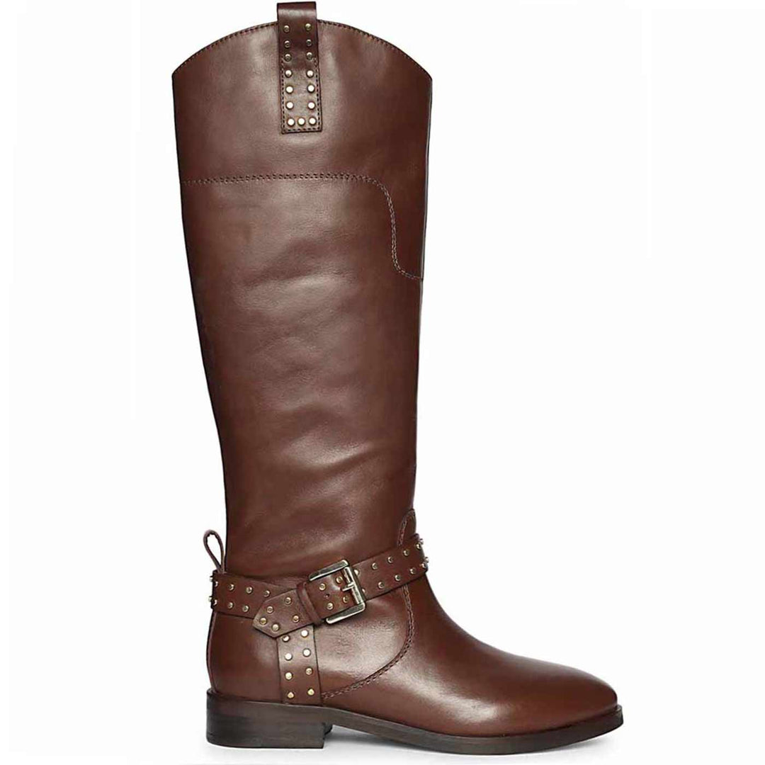 Saint Soraya studded buckle brown leather long boots for women, side view of ankle buckle strap