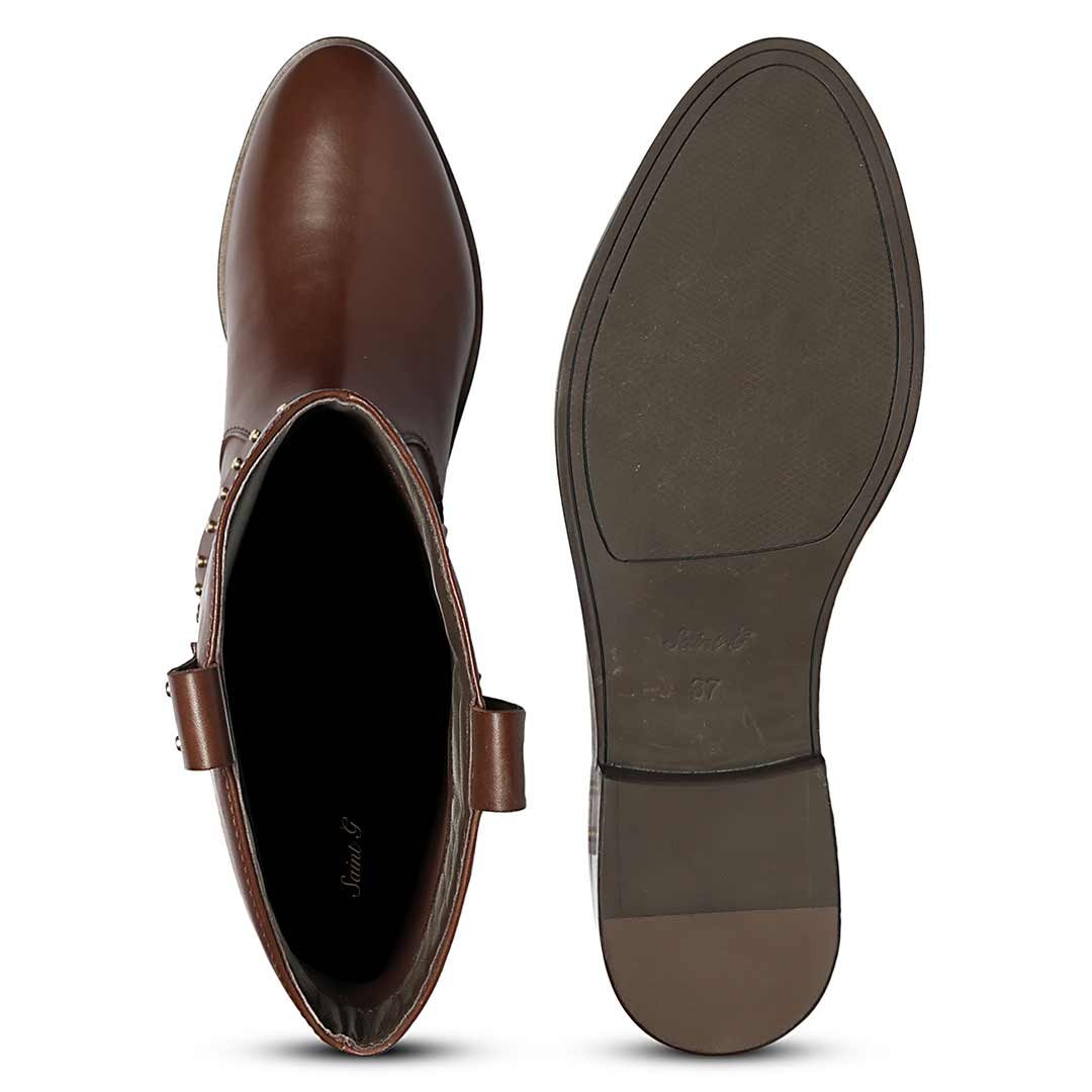 Saint Soraya studded buckle brown boots, interior and sole view