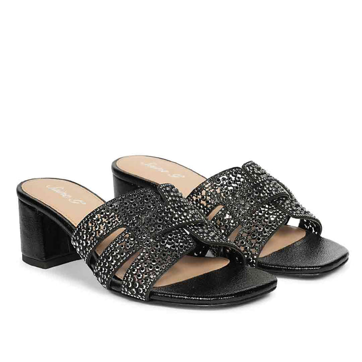 Low block heel mules black crystal leather – pair angle view