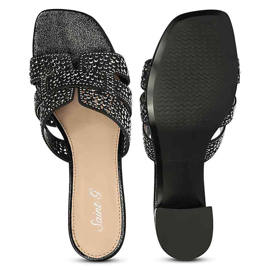 Black low block heels crystal mule sandals – top view