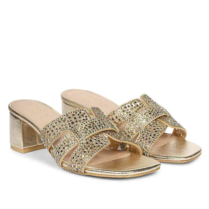 Low block heel mules gold crystal leather – pair angle view