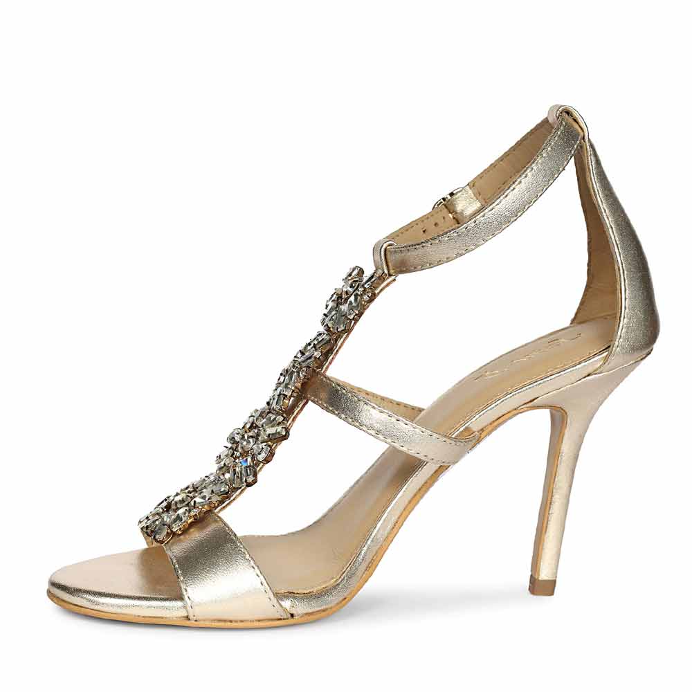 Women's Saint Sydney Crystal Stone Metallic Gold Leather Stilettos, angled view