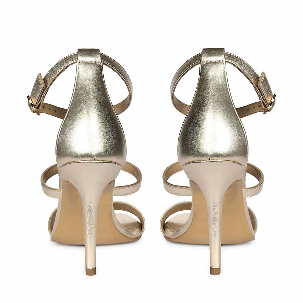 Women's Saint Sydney Crystal Stone Metallic Gold Leather Stilettos, back pair view