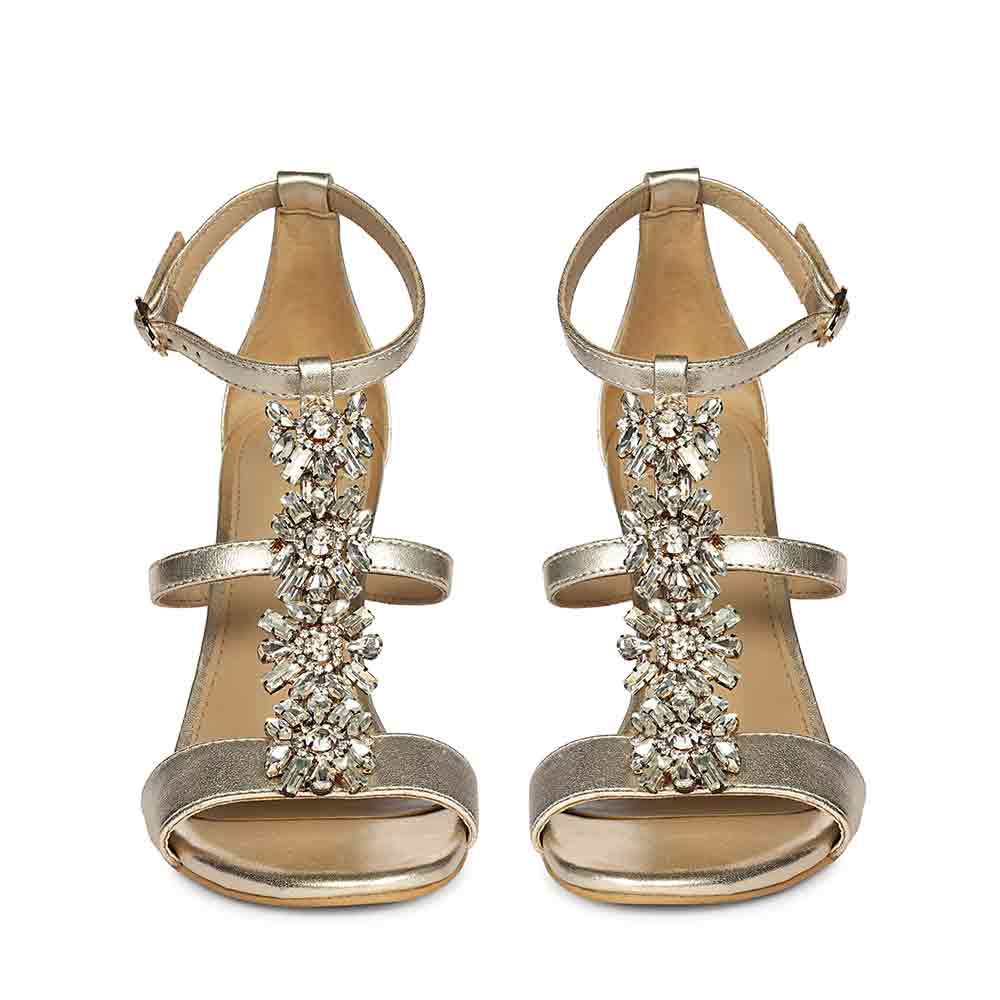 Women's Saint Sydney Crystal Stone Metallic Gold Leather Stilettos, front pair view