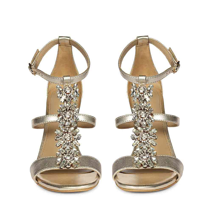 Women's Saint Sydney Crystal Stone Metallic Gold Leather Stilettos, front pair view