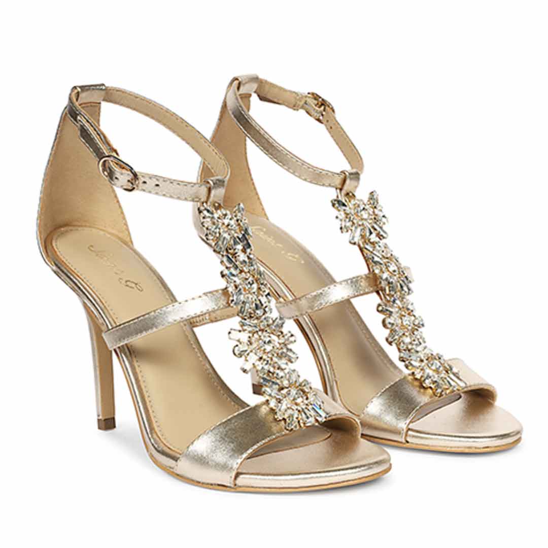 Women's Saint Sydney Crystal Stone Metallic Gold Leather Stilettos, pair view