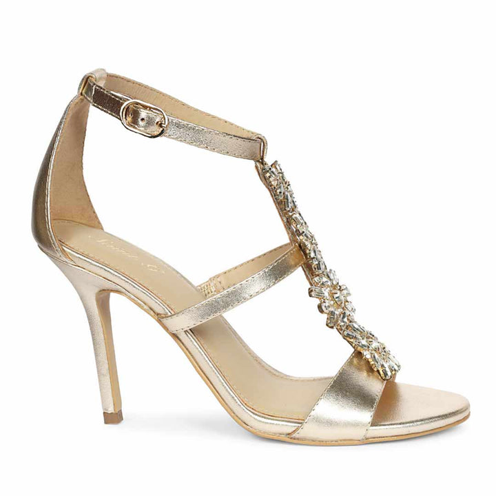 Women's Saint Sydney Crystal Stone Metallic Gold Leather Stilettos, side view