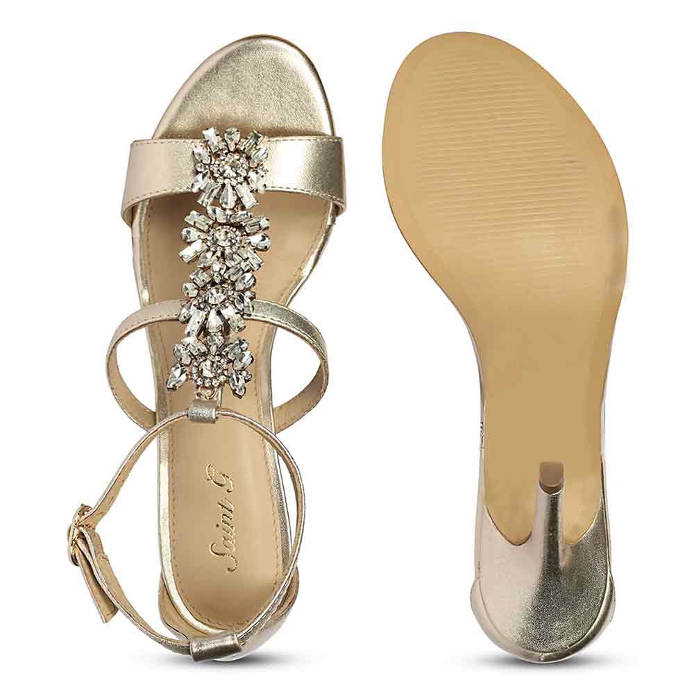 Women's Saint Sydney Crystal Stone Metallic Gold Leather Stilettos, sole view