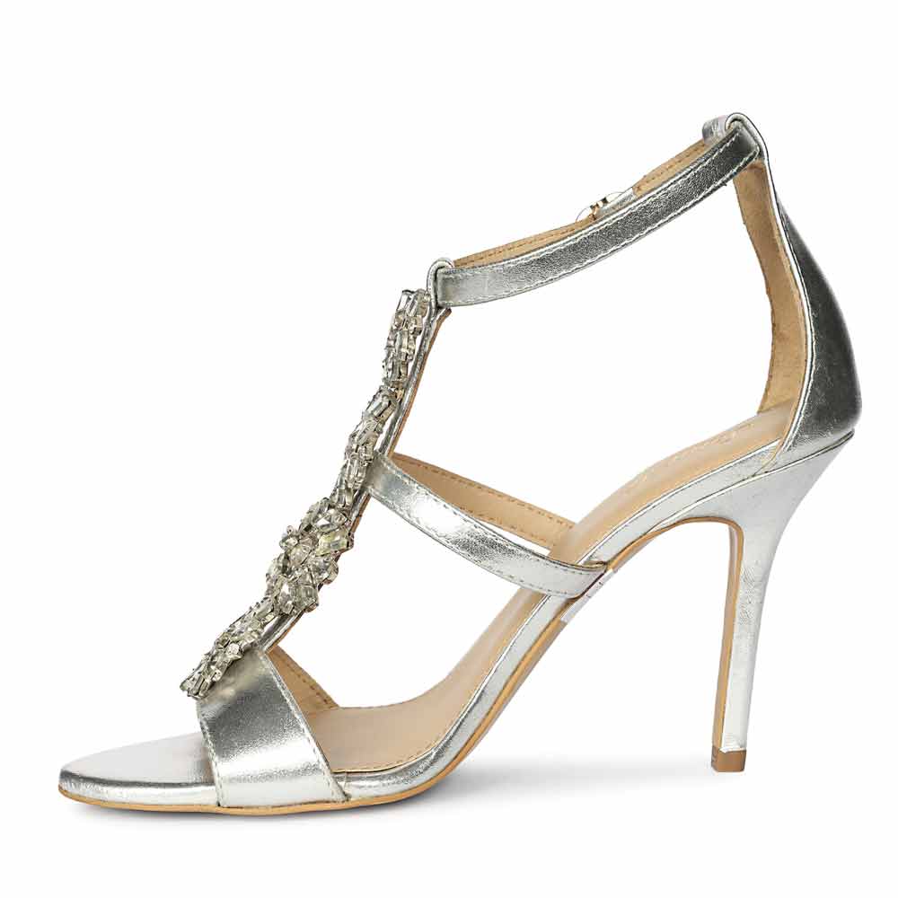 Women's Saint Sydney Crystal Stone Metallic Silver Leather Stilettos, angled view