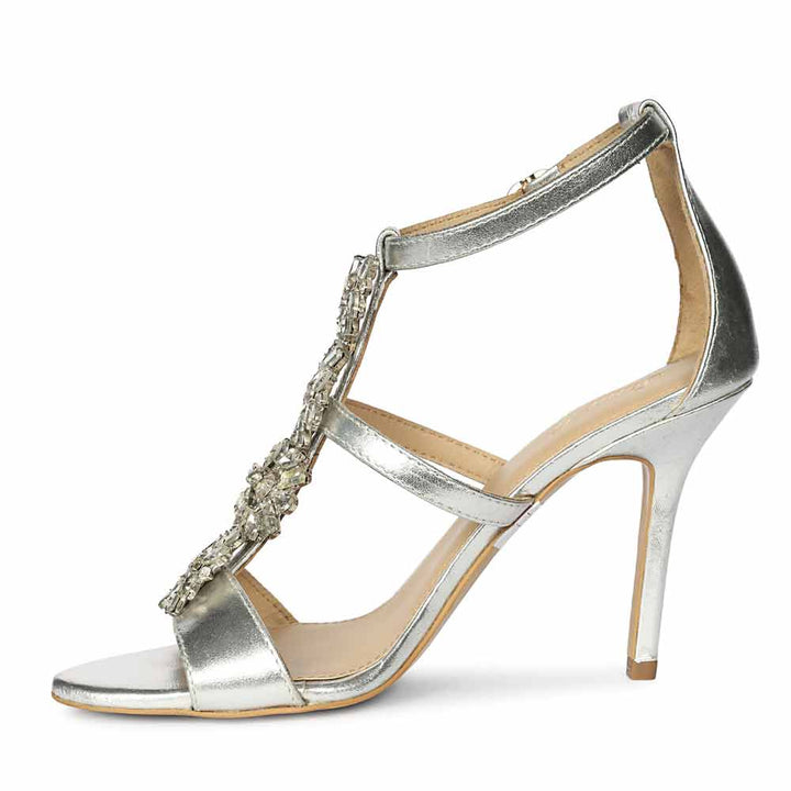 Women's Saint Sydney Crystal Stone Metallic Silver Leather Stilettos, angled view