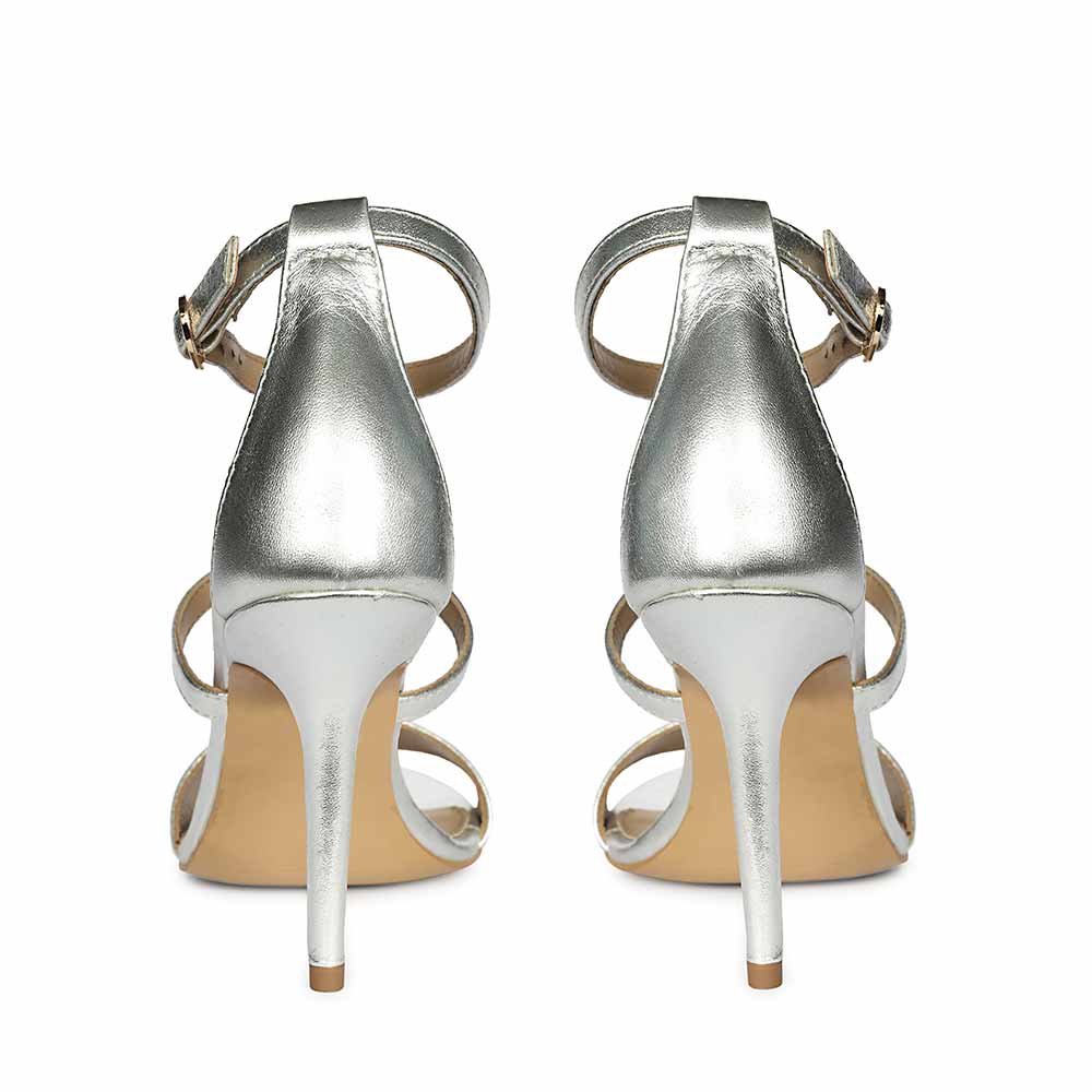Women's Saint Sydney Crystal Stone Metallic Silver Leather Stilettos, back pair view