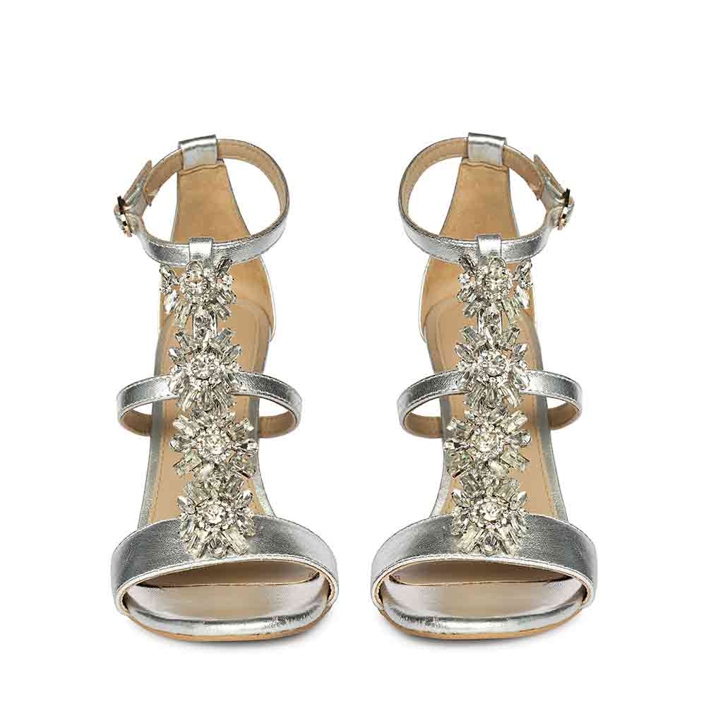 Women's Saint Sydney Crystal Stone Metallic Silver Leather Stilettos, front pair view