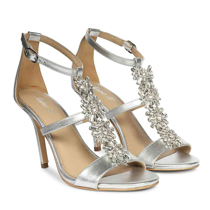 Women's Saint Sydney Crystal Stone Metallic Silver Leather Stilettos, pair view