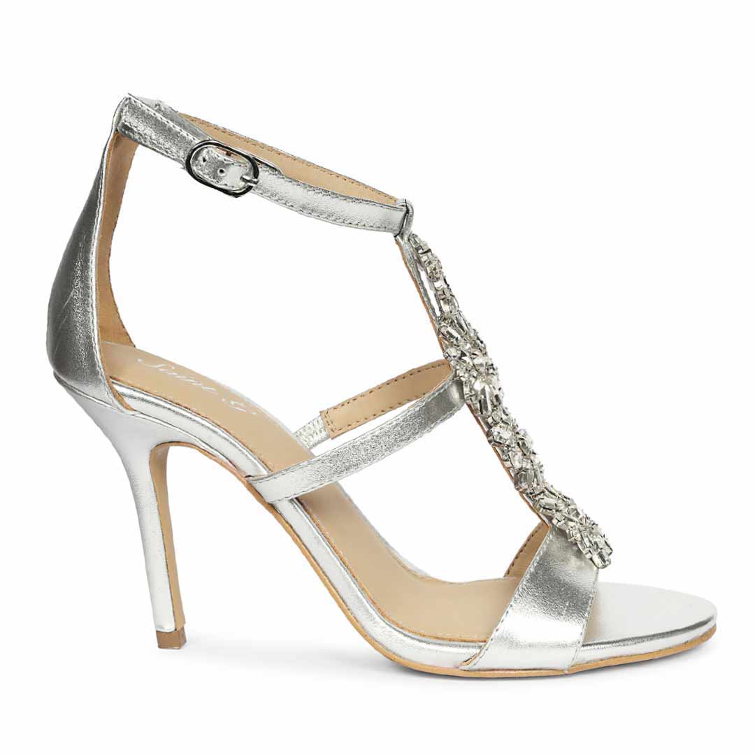 Women's Saint Sydney Crystal Stone Metallic Silver Leather Stilettos, side view