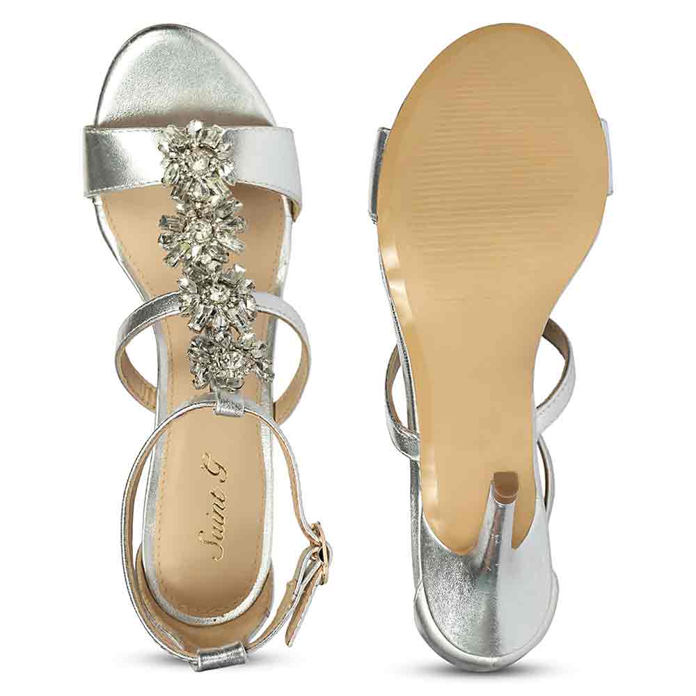 Women's Saint Sydney Crystal Stone Metallic Silver Leather Stilettos, sole view
