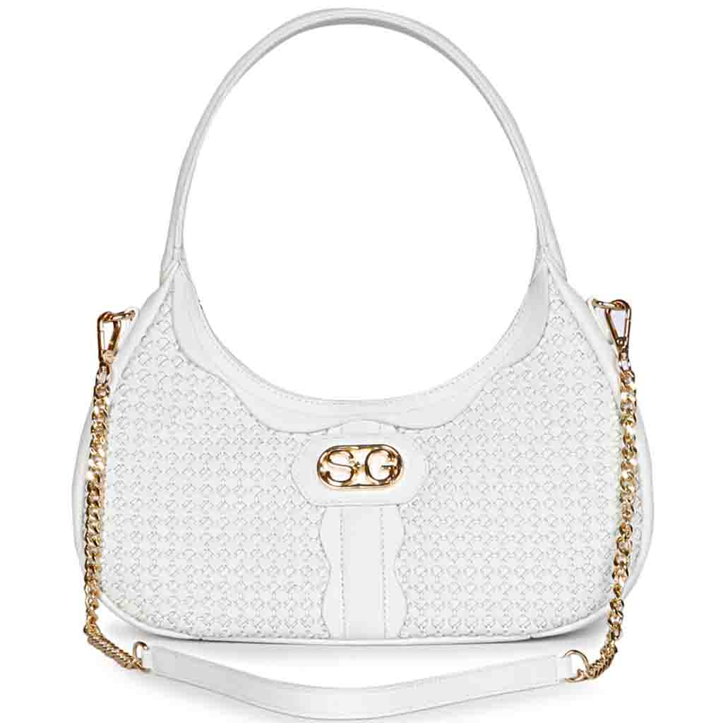 Saint Tesorina white hand-woven leather hobo bag for women UK, front view with chain strap.