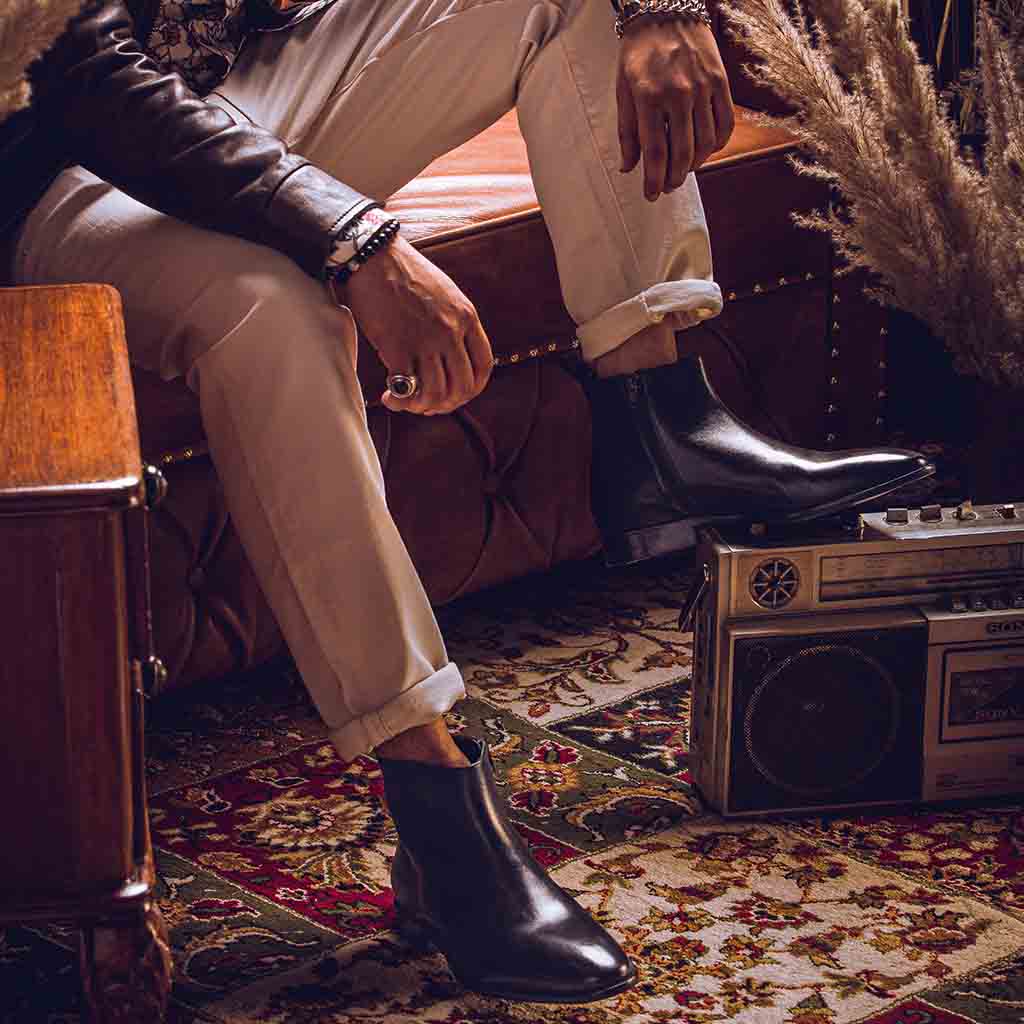 Men's Black Leather Chelsea Boots Styled On-Foot - Best Handcrafted Boots UK