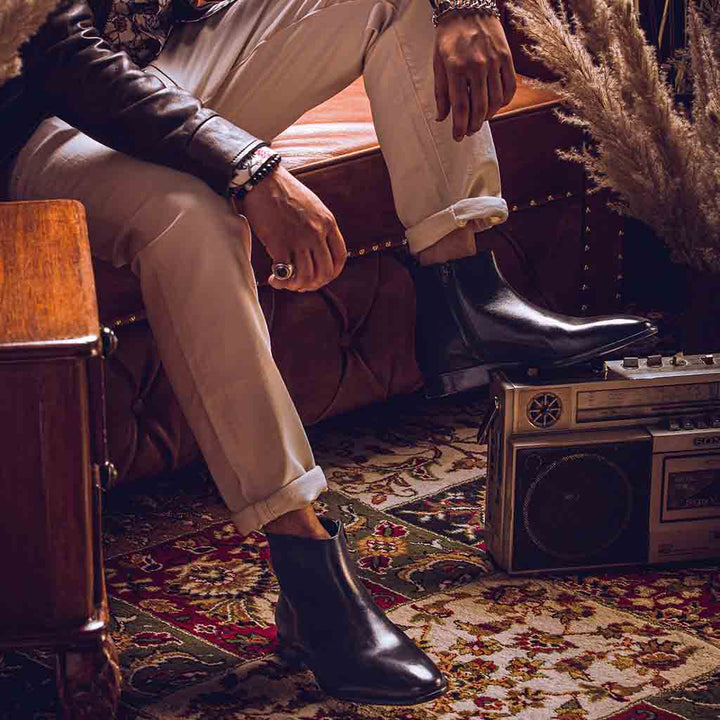Men's Black Leather Chelsea Boots Styled On-Foot - Best Handcrafted Boots UK