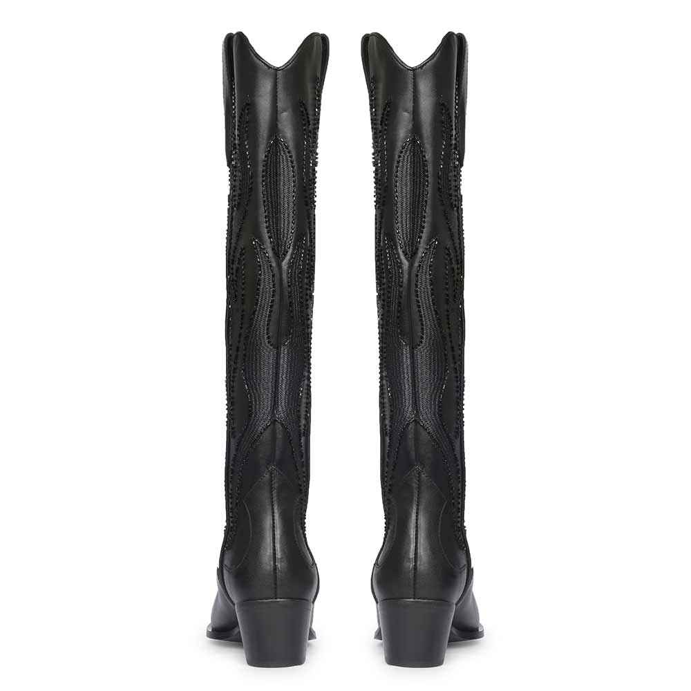 Saint Tiziana black leather knee high boots, back pair view showing embroidered pattern