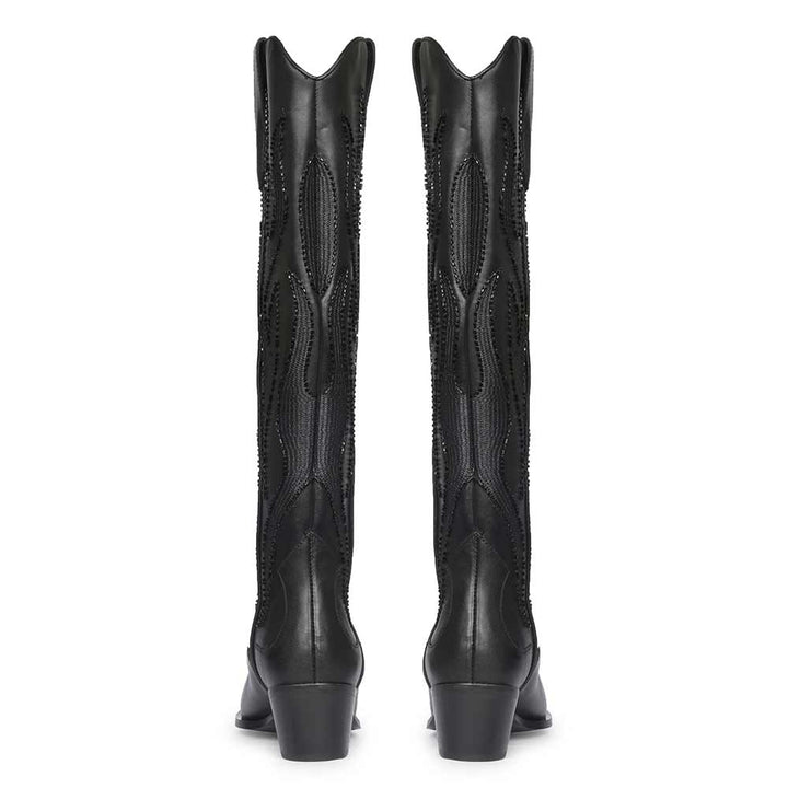 Saint Tiziana black leather knee high boots, back pair view showing embroidered pattern