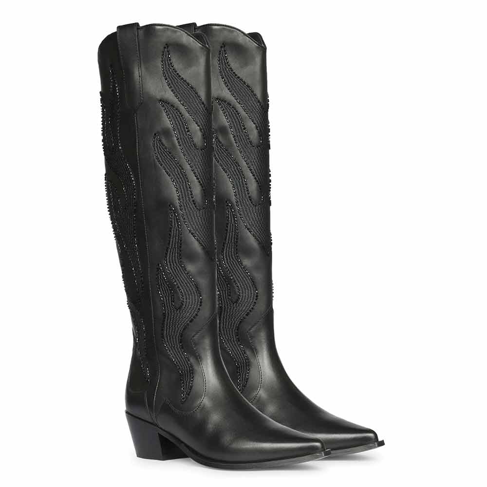 Black leather knee high boots for women UK, pair view showing hand embroidered flame detail