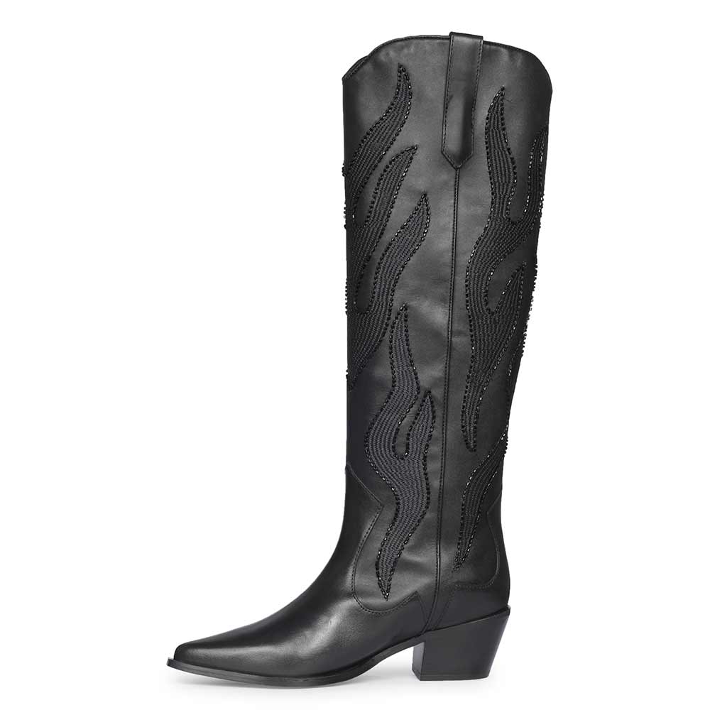Saint Tiziana black knee high boots, alternate side view of embroidered shaft