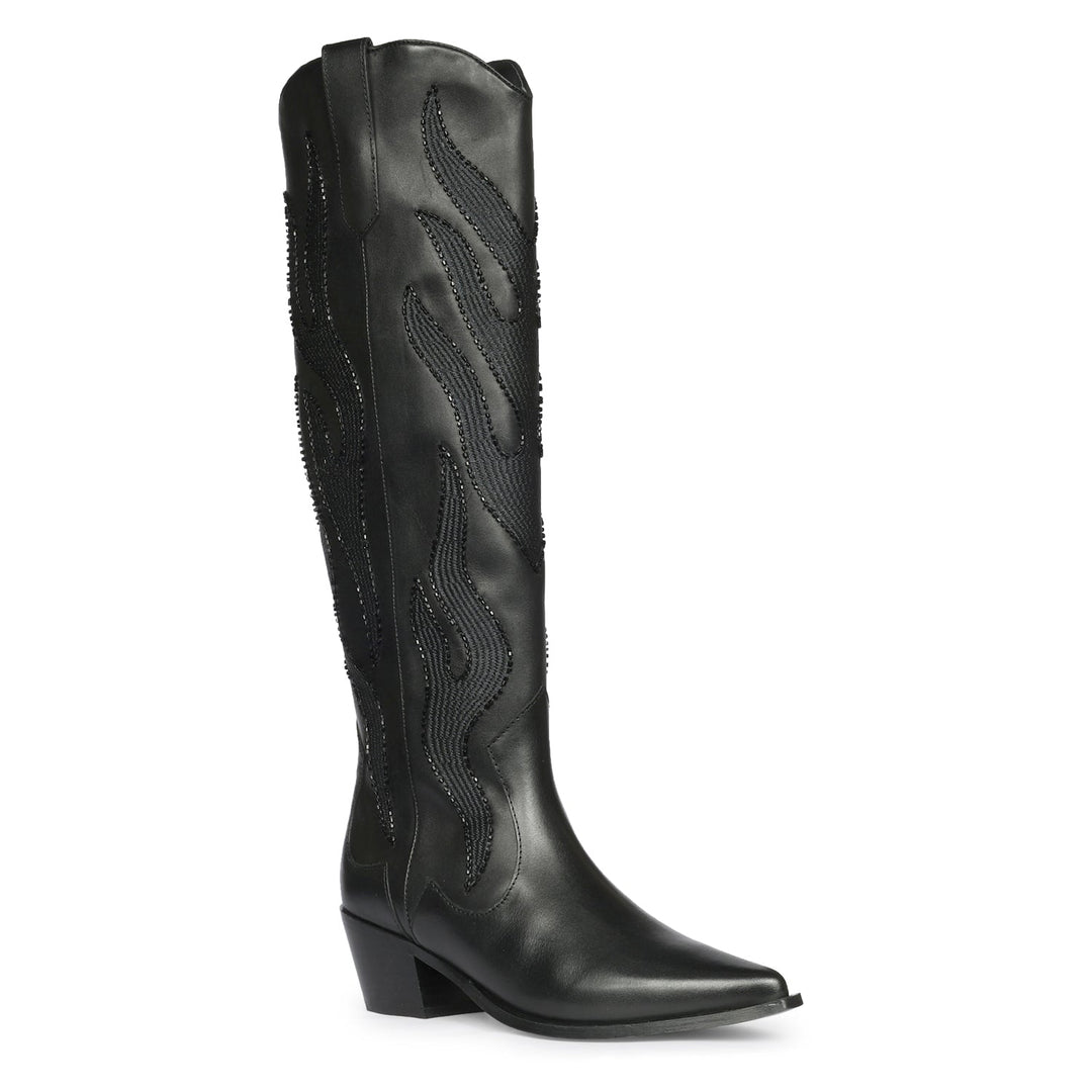 Saint Tiziana black leather knee high boots, additional side angle of embroidery