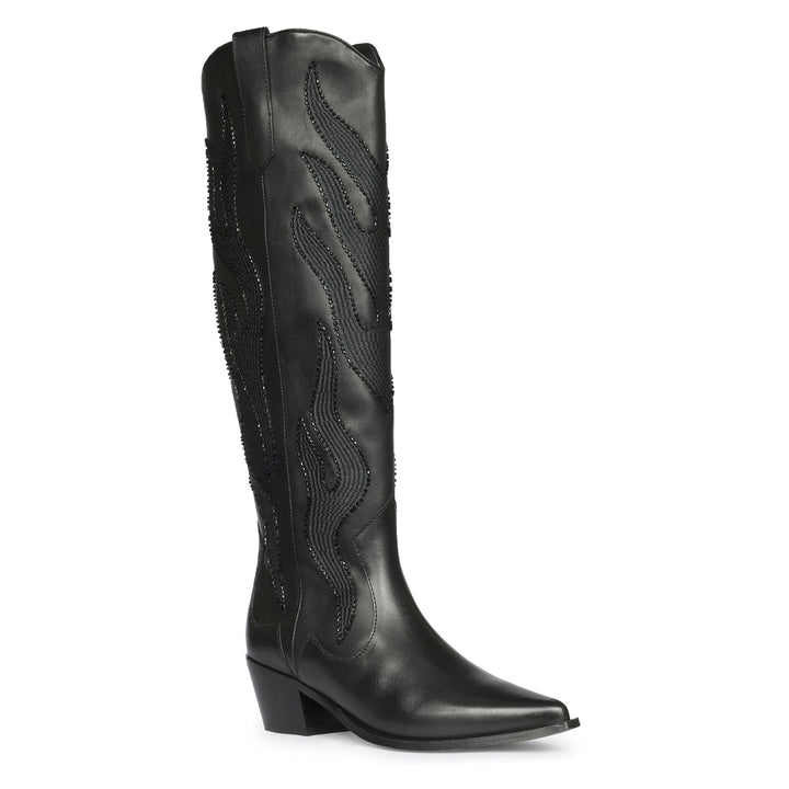 Saint Tiziana black leather knee high boots, additional side angle of embroidery