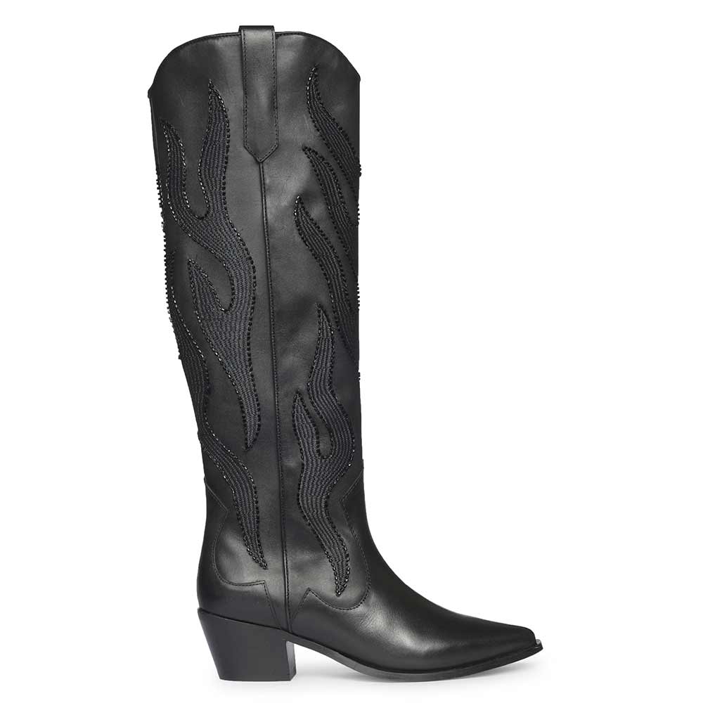 Saint Tiziana hand embroidered black leather knee high boots for women, side view of tonal flame embroidery