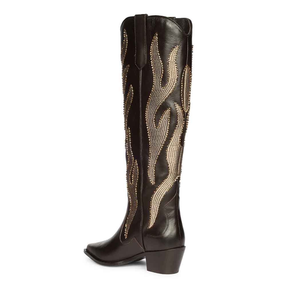 Saint Tiziana brown leather knee high boots, angled back view of embroidered shaft
