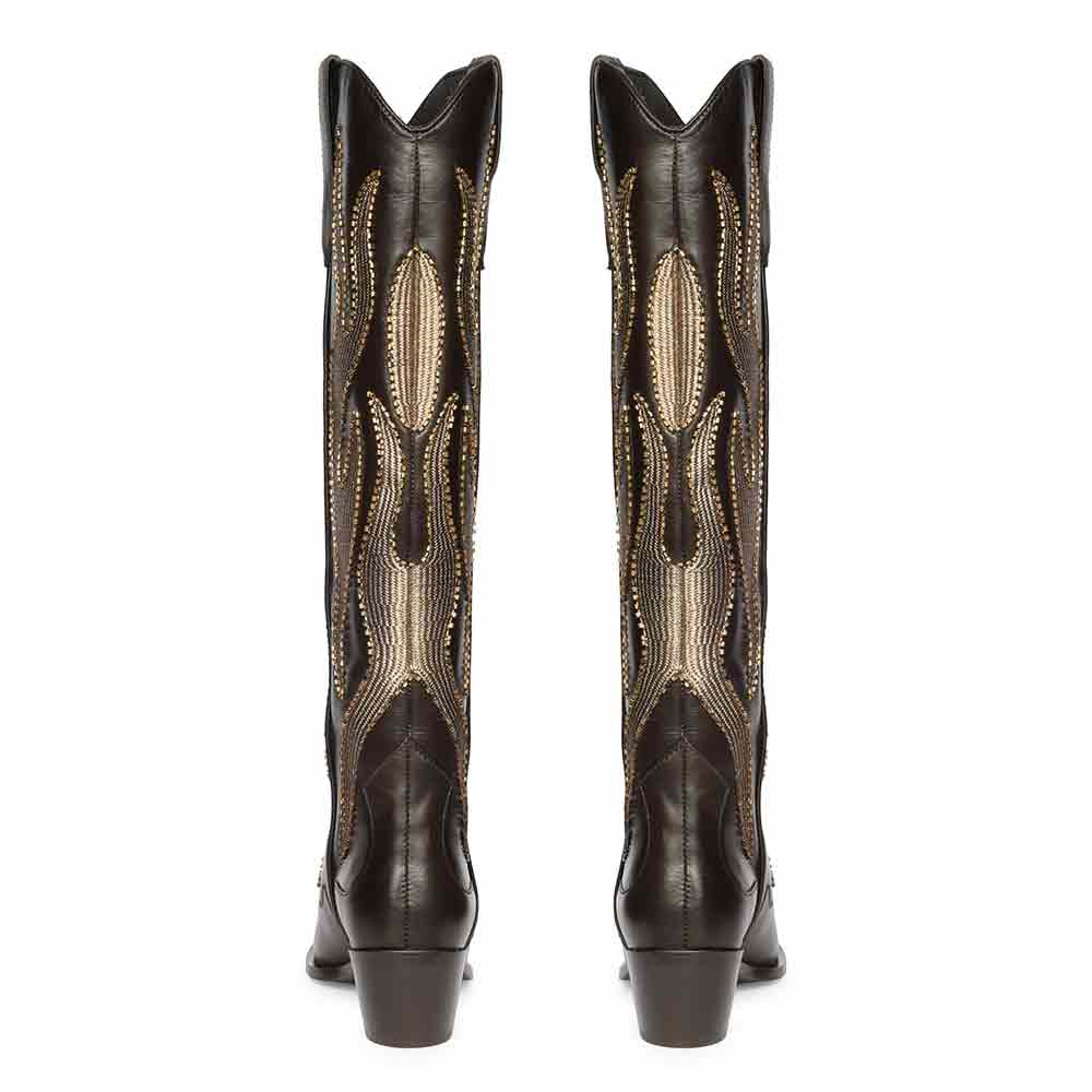 Saint Tiziana brown leather knee high boots, back pair view showing full embroidered pattern