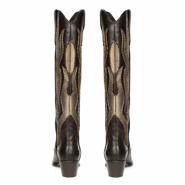 Saint Tiziana brown leather knee high boots, back pair view showing full embroidered pattern