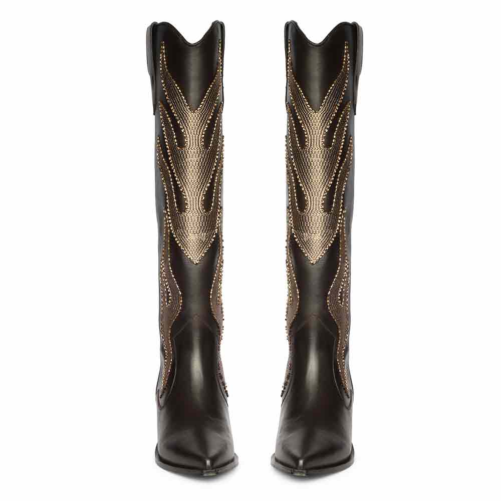 Women's brown knee high boots, front pair view of gold flame embroidery