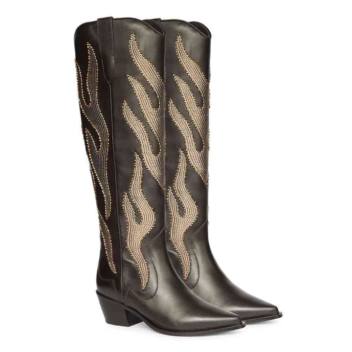 Brown leather knee high boots for women UK, pair view showing hand embroidered flame detail