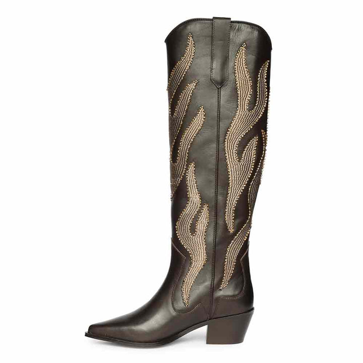 Saint Tiziana brown knee high boots, alternate side view of hand embroidery