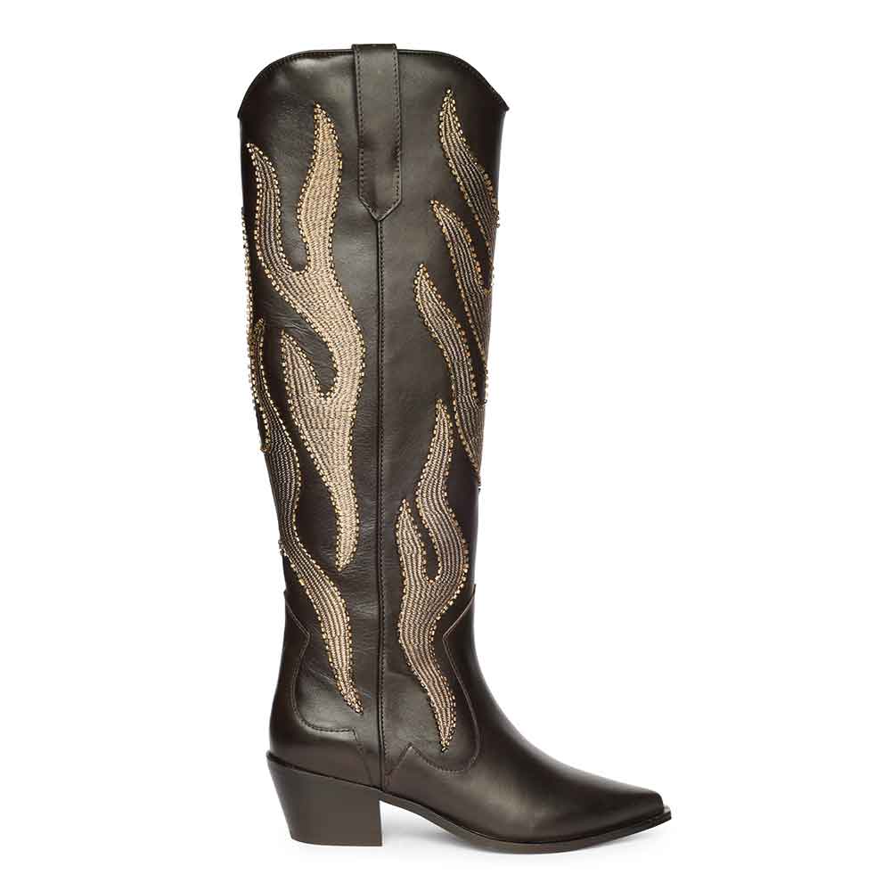 Saint Tiziana hand embroidered brown leather knee high boots for women, side view of gold flame embroidery