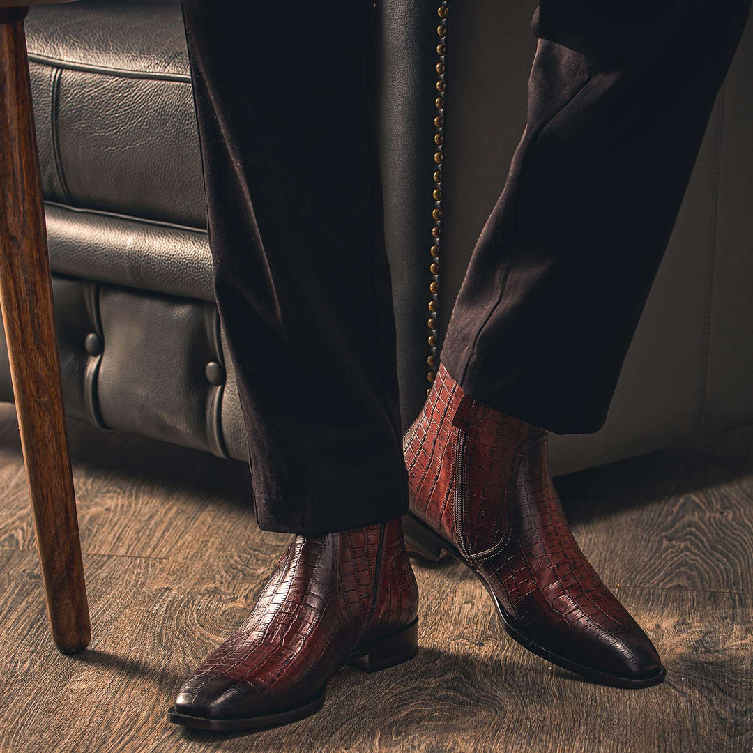 Men's Brown Croco Leather Ankle Boots Styled On-Foot - Best Handcrafted Boots UK