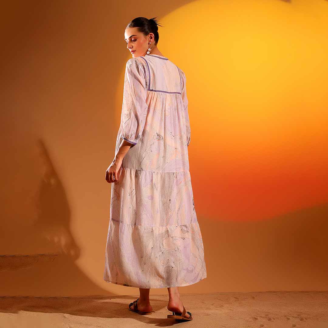 Women's lilac marbel dobby maxi dress by Saint Vaelara, back view.