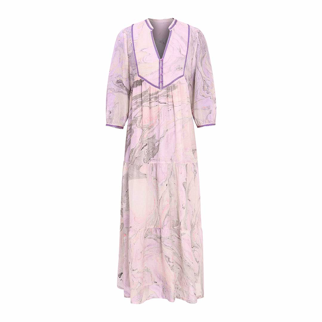 Saint Vaelara lilac marbel dobby maxi dress for women UK, shown flat with notch neckline and tiered skirt.