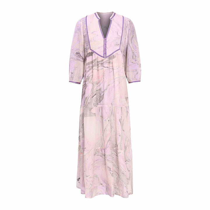 Saint Vaelara lilac marbel dobby maxi dress for women UK, shown flat with notch neckline and tiered skirt.
