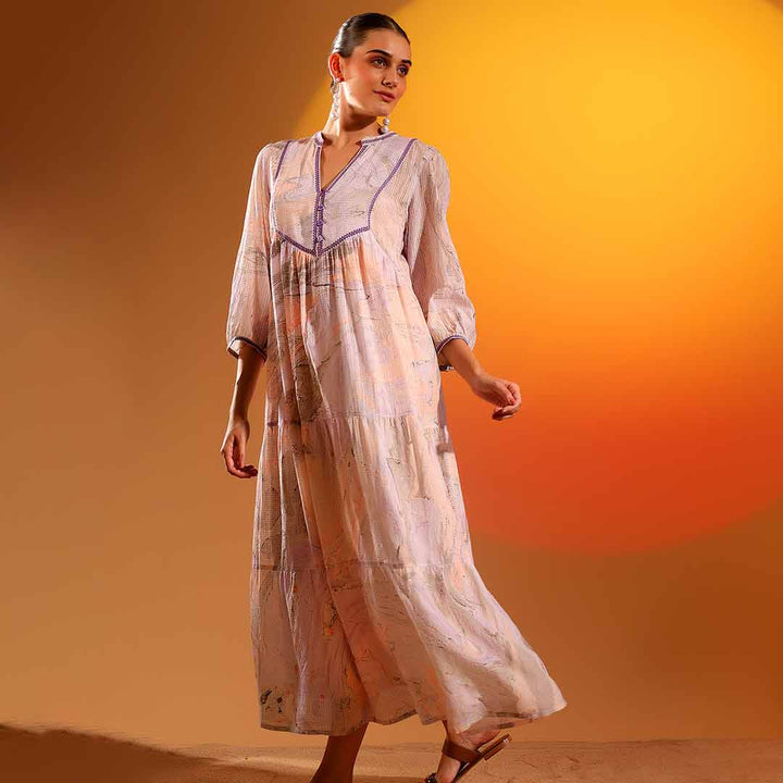 Saint Vaelara lilac marbel dobby maxi dress for women UK, three-quarter front walking view.