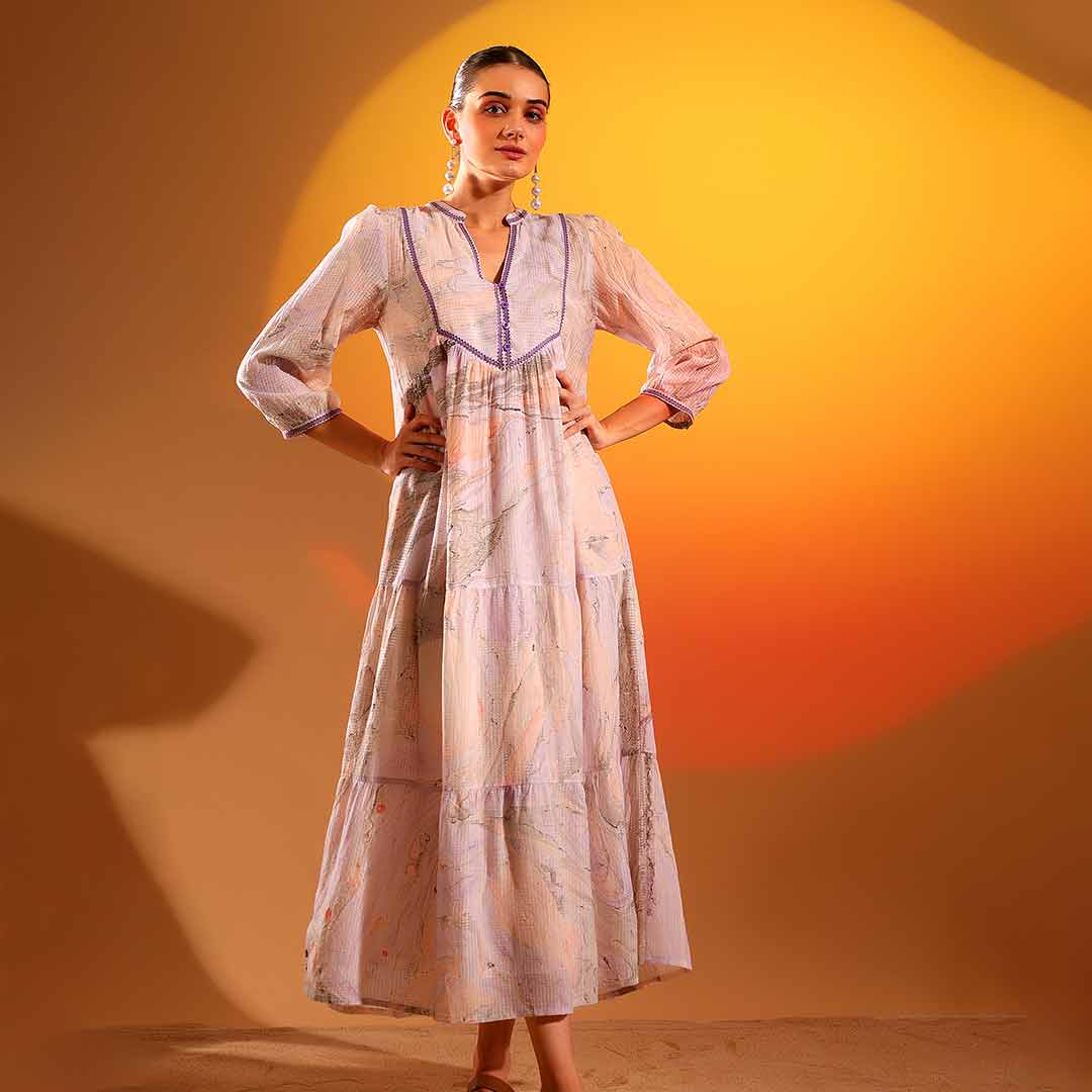 Women's lilac marbel dobby maxi dress by Saint Vaelara, front view showing floor-length hem.