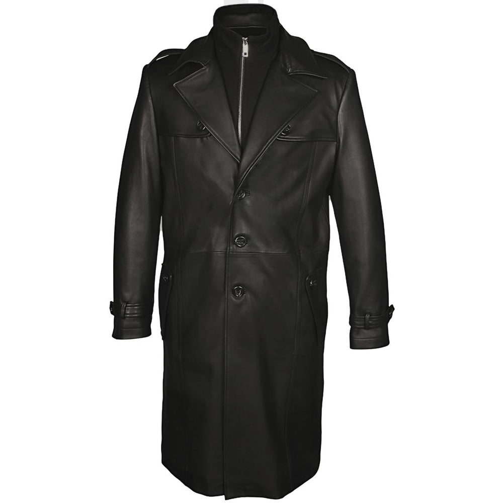 Full-length black leather trench coat with belted cuffs, shown flat.