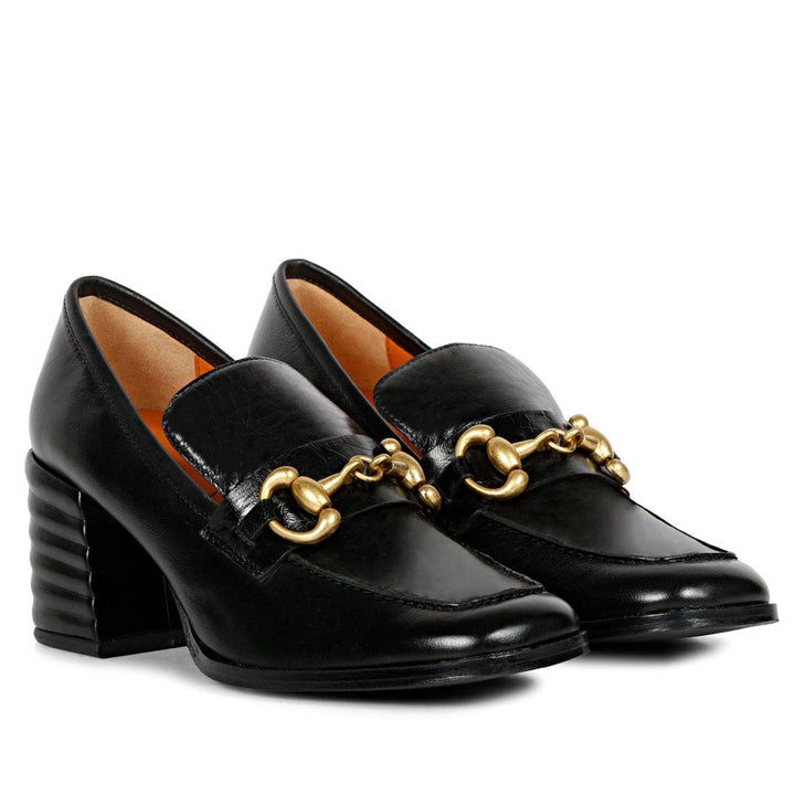 Women's Saint Valentina black leather block-heel Moccasins, angled pair view with gold horsebit — best Ladies shoes UK