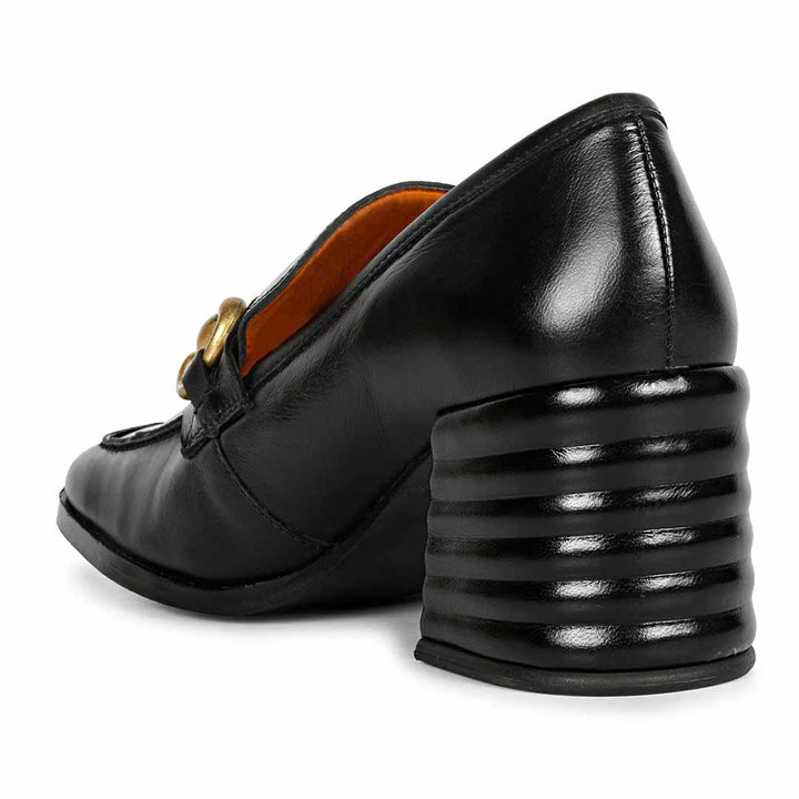 Best Ladies Saint Valentina black leather block-heel Moccasins, back angle view of heel — Women's shoes UK