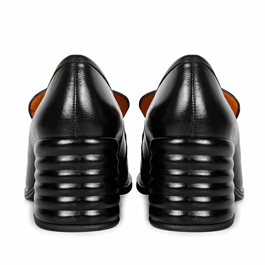 Saint Valentina black leather block-heel Moccasins, close-up back heel view — best Women's Ladies shoes UK