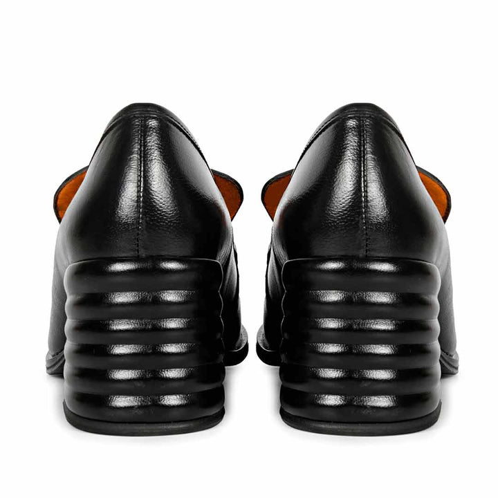 Saint Valentina black leather block-heel Moccasins, close-up back heel view — best Women's Ladies shoes UK