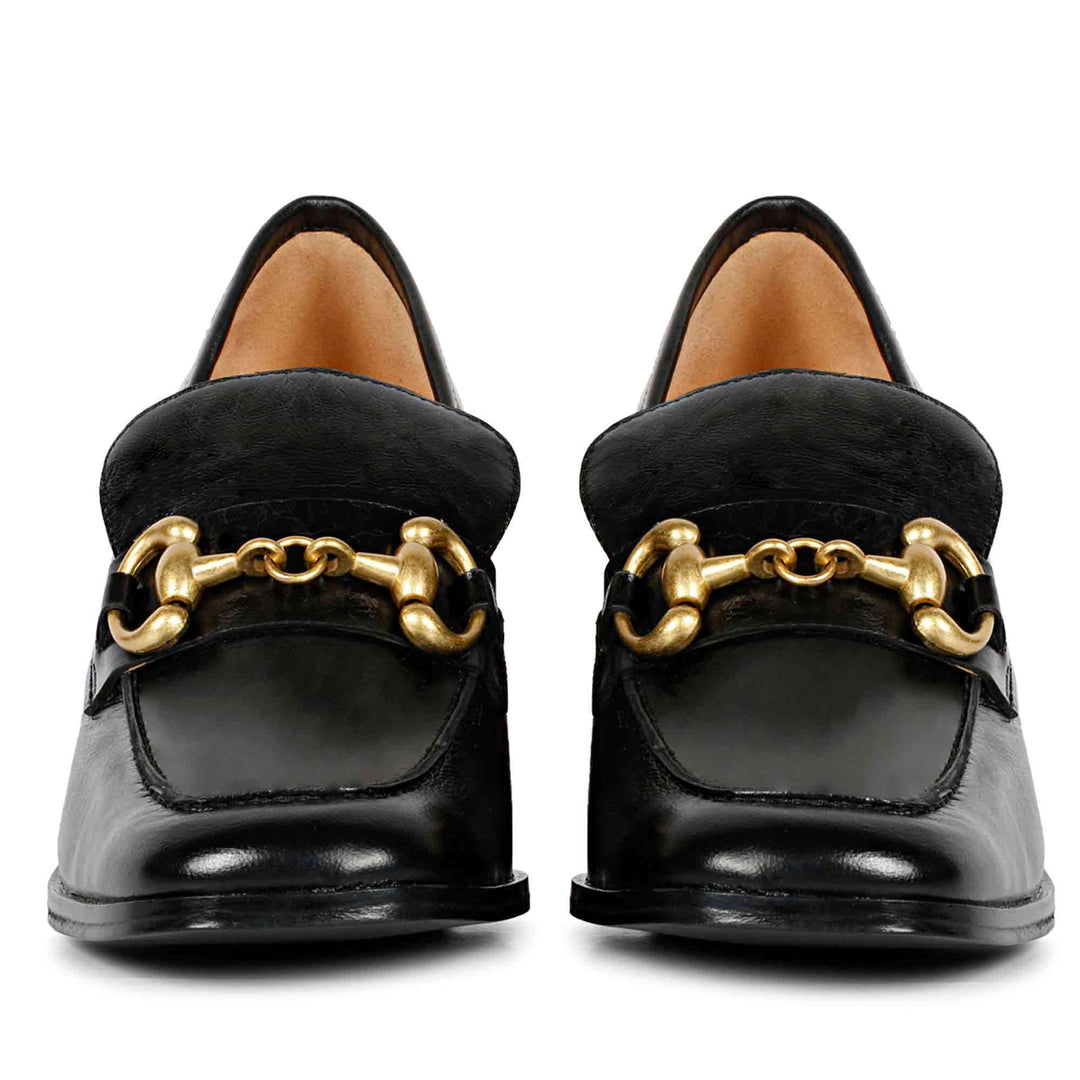 Best Ladies Saint Valentina black leather block-heel Moccasins, back pair view — Women's shoes UK