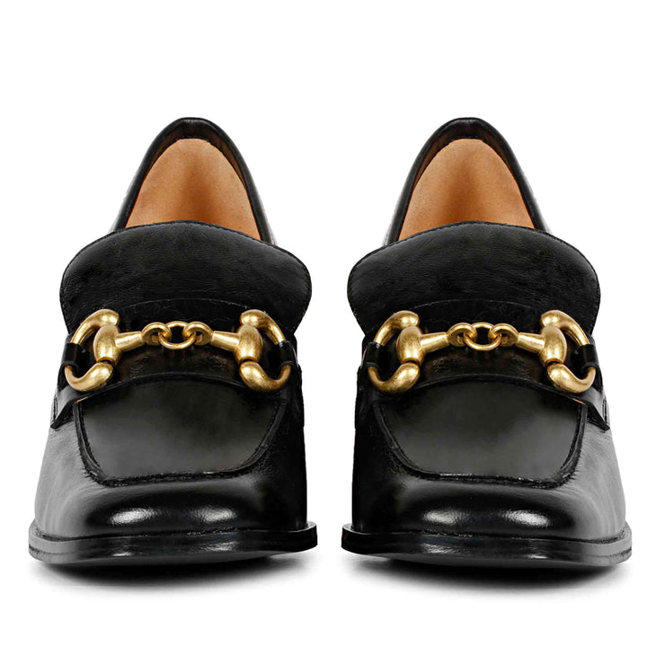 Best Ladies Saint Valentina black leather block-heel Moccasins, back pair view — Women's shoes UK